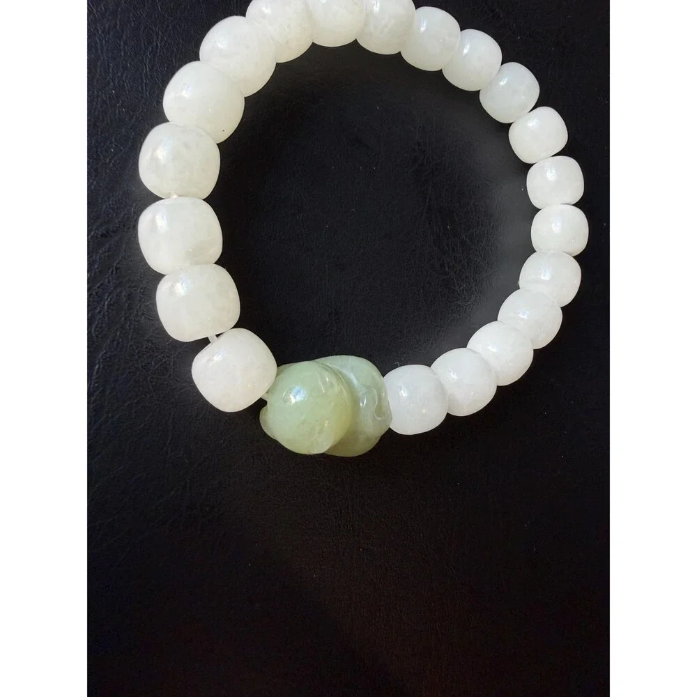 White Icy Jade Barrel Bracelet with Natural Green Jade Cat Charm Untreated Jade